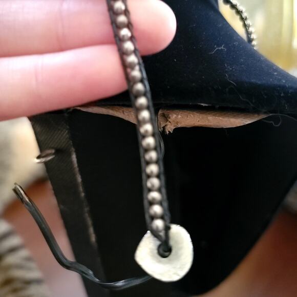 Vintage Boho Beaded Necklace Silver Tone Bead on Black Leather Cord Button Clasp - Picture 6 of 10